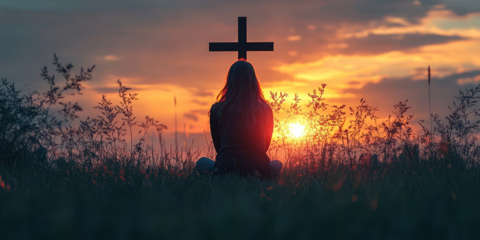 Woman meditating at sunset with cross silhouette in a serene landscape